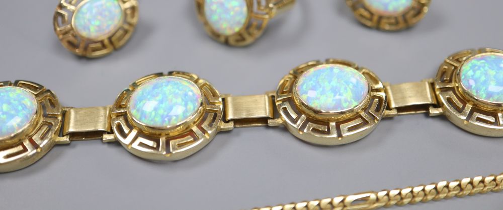 A suite of Indian 585 and white opal jewellery retailed by Alnur, with Greek Key pattern mounts, total 49.4g